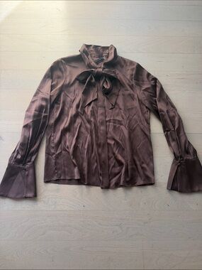 Alice + Olivia Chocolate Brown Silk Button Down Blouse with Tie Collar